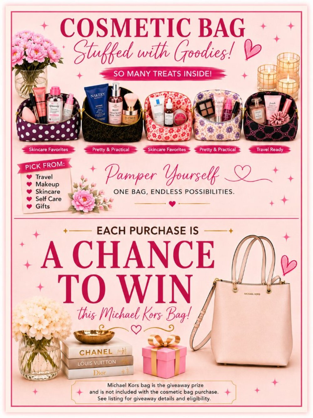 Cosmetic Bag Stuffed w/ Beauty Goodies + Chance to Win Michael Kors Bag